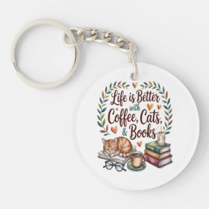 Life Is Better with Coffee Cats Books Keychain