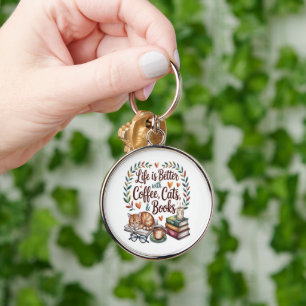 Life Is Better with Coffee Cats Books Keychain