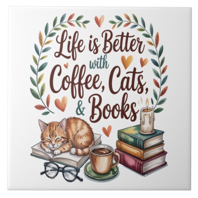 Life Is Better with Coffee Cats Books Tile (Front)