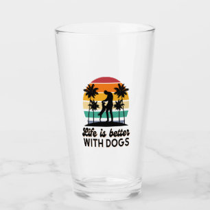 Life Is Better With Dogs Retro Sunset Man and Dog Glass
