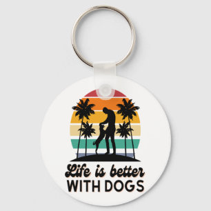 Life Is Better With Dogs Retro Sunset Man and Dog Keychain