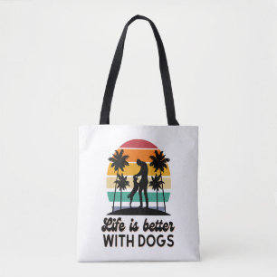 Life Is Better With Dogs Retro Sunset Man and Dog Tote Bag