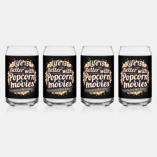 Life Is Better with Popcorn & Movies Retro Design Can Glass