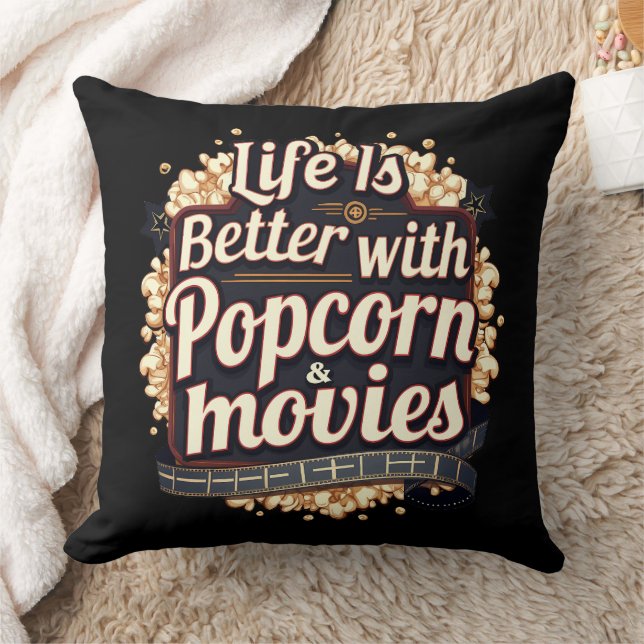 Life Is Better with Popcorn & Movies Retro Design Throw Pillow (Blanket)