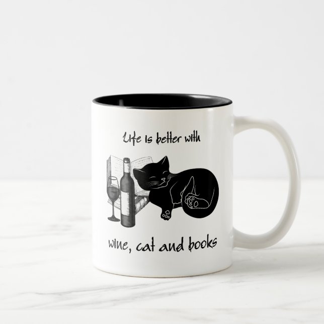 LIFE IS BETTER WITH WINE CAT AND BOOKS Two-Tone COFFEE MUG (Right)
