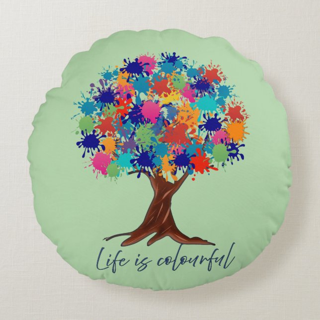 Life Is Colourful Paint Splatter Tree Round Pillow (Front)
