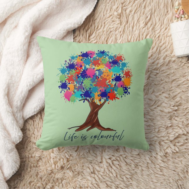 Life Is Colourful Paint Splatter Tree Throw Pillow (Blanket)
