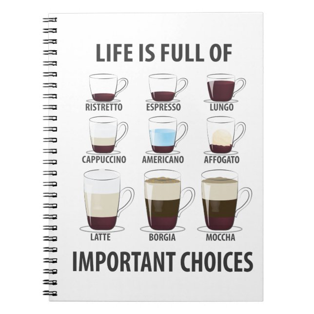 Life is Full of Important Choices - Funny Coffee Notebook (Front)