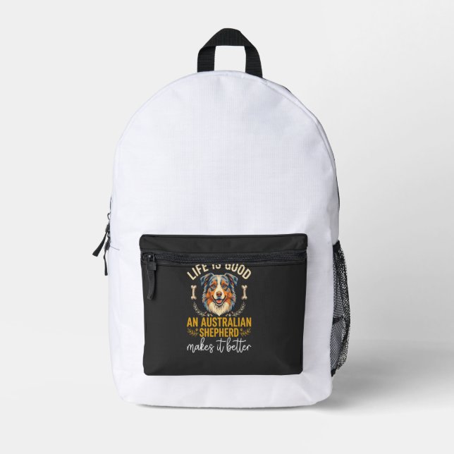 Life Is Good Australian Shepherd Dog Bone Printed Backpack (Front)
