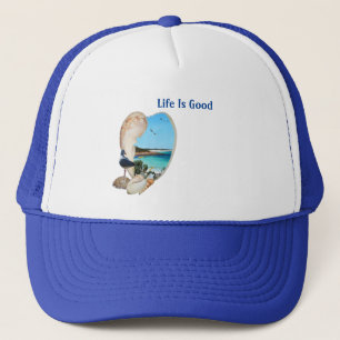 Life Is Good Beach Scene In Shell, Trucker Hat