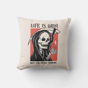 Life Is Grim Funny Grim Reaper Funny Sarcastic Pun Throw Pillow