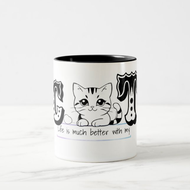 "Life Is Much Better With My Cat – Cute Cat Design Two-Tone Coffee Mug (Center)