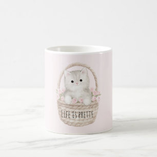 Life is Pretty Kitty in a Basket Blush Pink Roses Coffee Mug