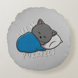 Life is Purrfect - Sleeping Cat Round Pillow