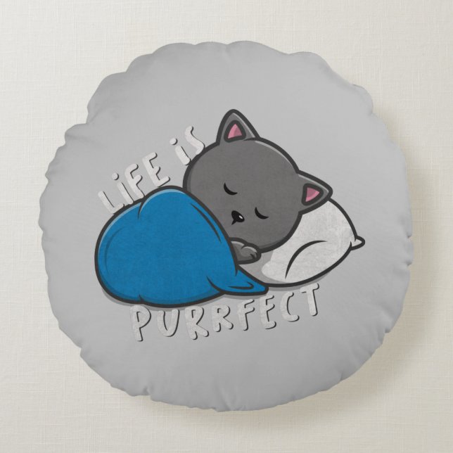 Life is Purrfect - Sleeping Cat Round Pillow (Front)