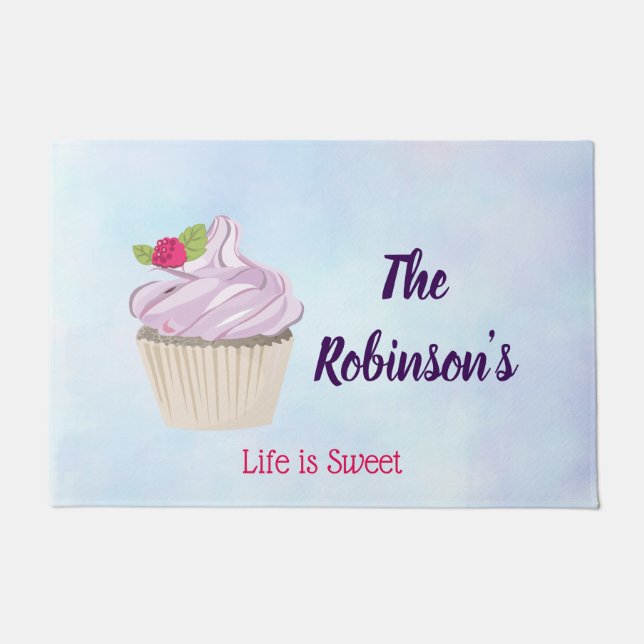 Life is Sweet Pink Cupcake Custom Doormat (Front)