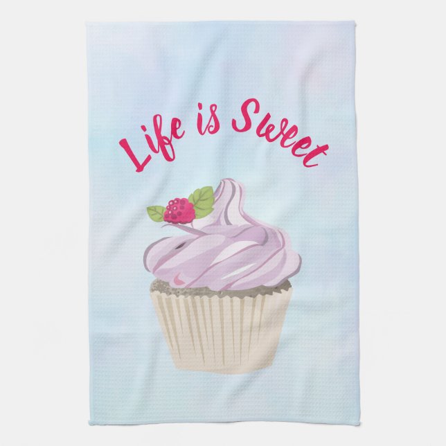 Life is Sweet Pink Cupcake Kitchen Towel (Vertical)