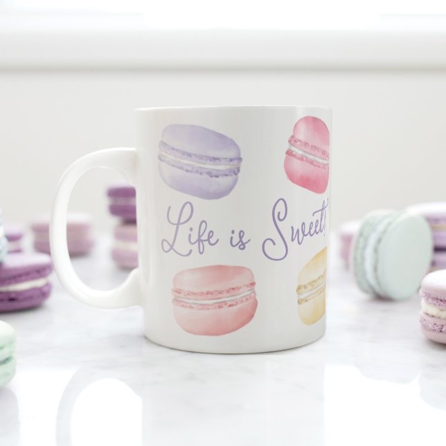Life is Sweet Watercolor Rainbow Macaroon Monogram Coffee Mug