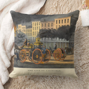 Life of a Fireman Vintage 1860s Lithograph Throw Pillow