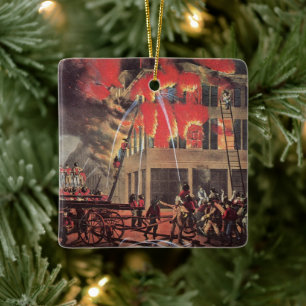Life of a Fireman, Vintage Firemen Fighting a Fire Ceramic Ornament