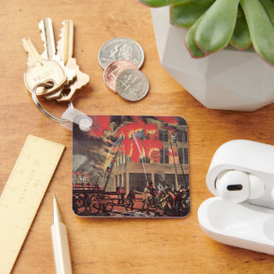 Life of a Fireman, Vintage Firemen Fighting a Fire Keychain