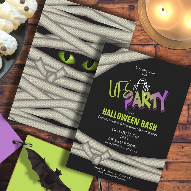 Life of the Party Mummy Halloween Green ID685 Invitation (Front/Back In Situ)