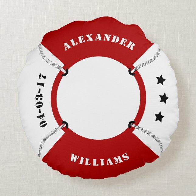 Life Ring, Lifebuoy, Red and White Nautical Round Pillow (Back)