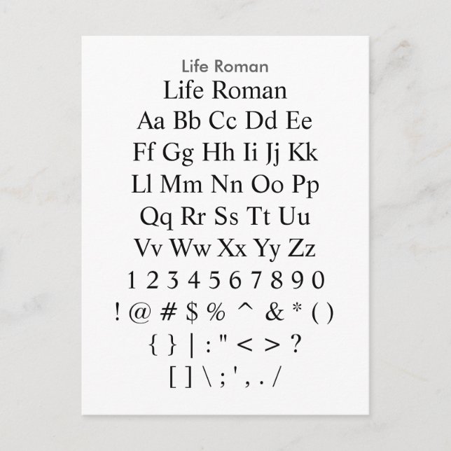 Life Roman - Zazzle Font Sampler Sheet Postcard (Front)