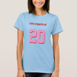 Life Starts At 20 Funny 20th Birthday T-Shirt<br><div class="desc">Humorous 20th Birthday Joke Life Starts At 20 T-Shirt. A funny girl's t-shirt with customizable pink age numbers "20" and customizable text "Life Starts At". This unique funny and cool 20th birthday tee is fully customizable,  add your texts and images!</div>