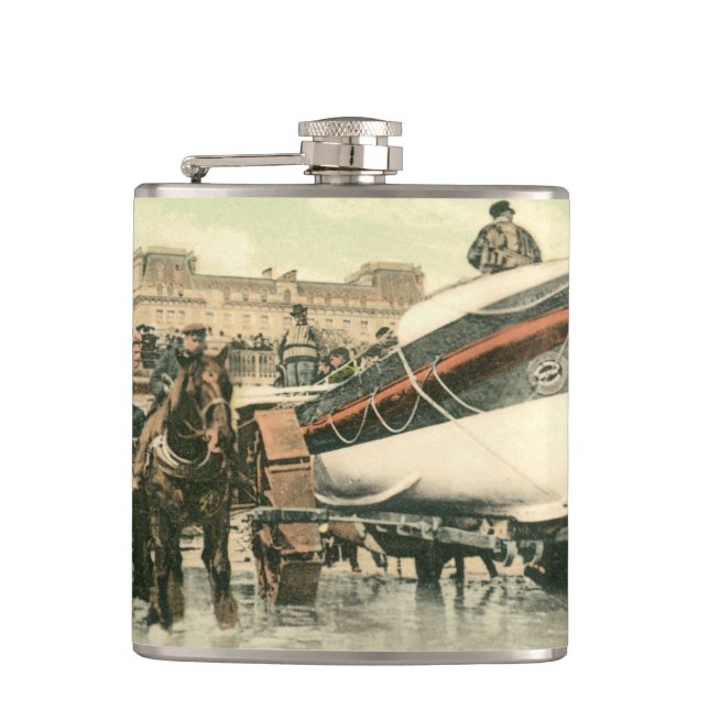 Lifeboat Launching, Bridlington (1900) Hip Flask (Front)