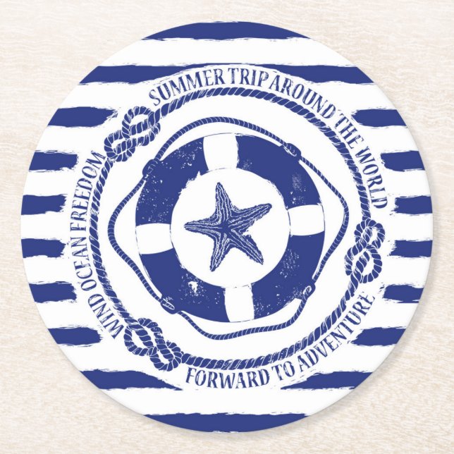 Lifebuoy And Starfish Round Paper Coaster (Front)
