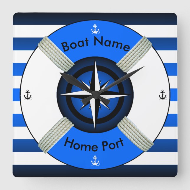 Lifebuoy ~Life-Ring ~Livesaver~Ocean Blue & White~ Square Wall Clock (Front)