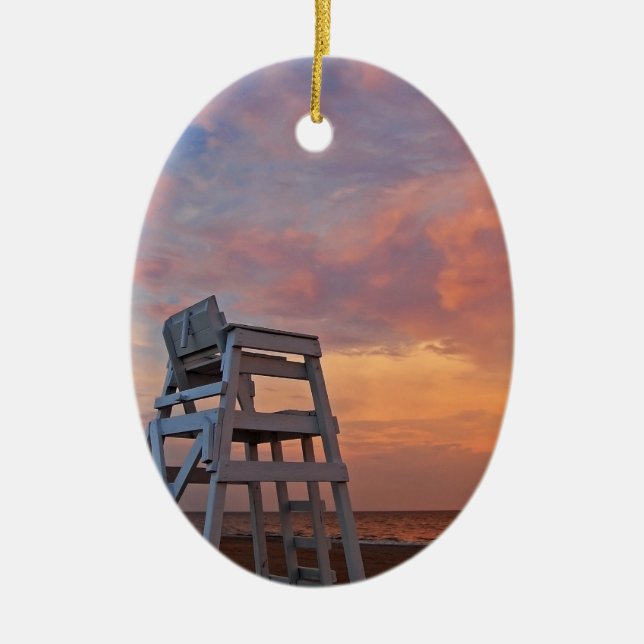 Lifeguard chair with dramatic sky. ceramic ornament (Front)