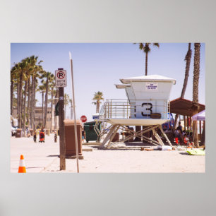 Lifeguard houses under bright skty poster