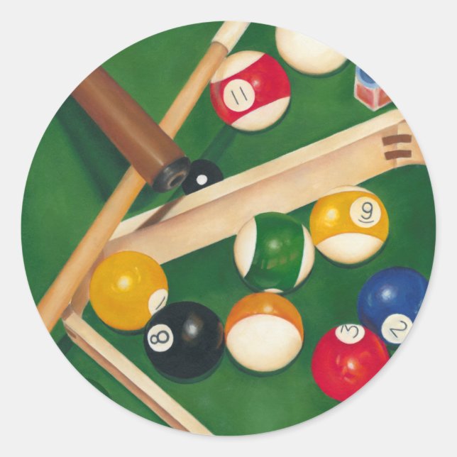 Lifelike Billiards Table with Balls and Chalk Classic Round Sticker (Front)