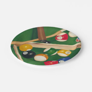 Lifelike Billiards Table with Balls and Chalk Paper Plate