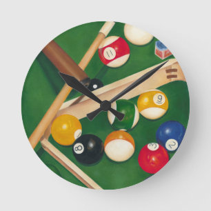 Lifelike Billiards Table with Balls and Chalk Round Clock