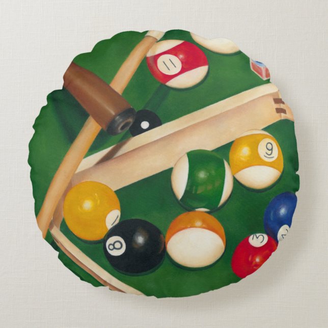 Lifelike Billiards Table with Balls and Chalk Round Pillow (Front)