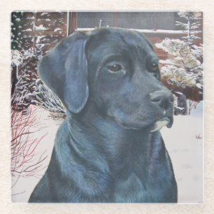 lifelike portrait picture of black labrador dog glass coaster