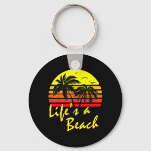 Lifes A Beach 80s summer Beach Palm Tree Sunset Keychain