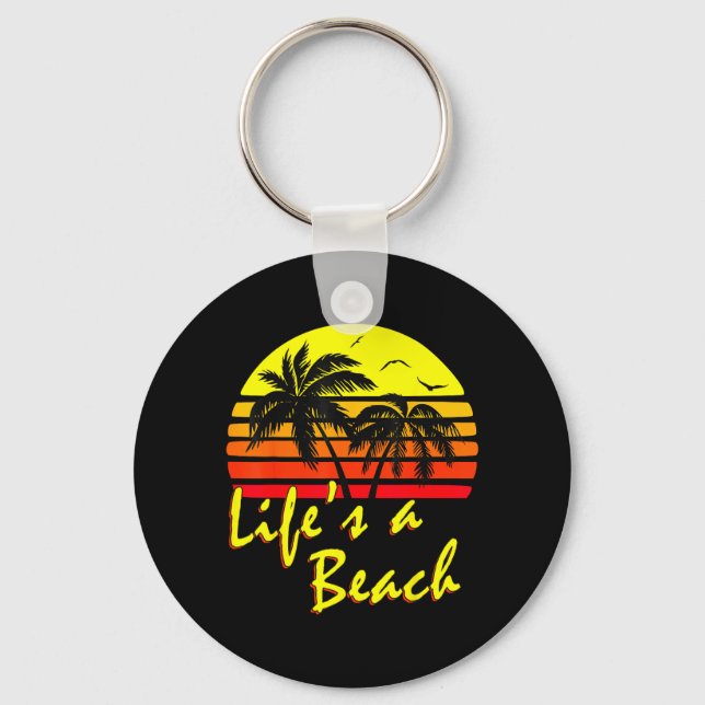 Lifes A Beach 80s summer Beach Palm Tree Sunset Keychain (Front)