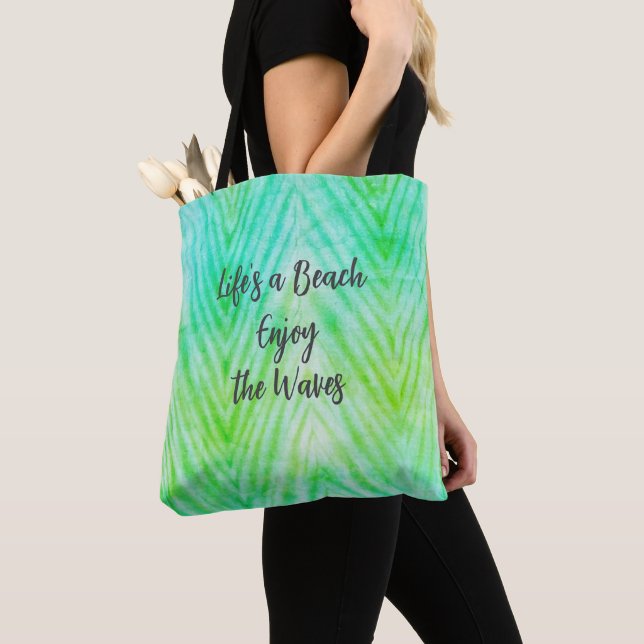 Life's a Beach Enjoy the Waves Blue Texture Quote Tote Bag (Close Up)