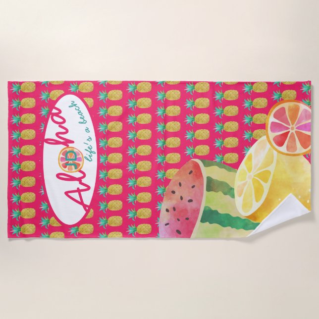 Lifes a Beach! Fun Tropical Fruit Monogrammed Beach Towel (Front)