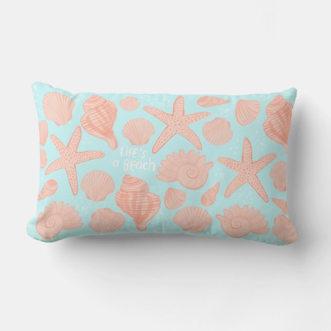 Life's A Beach Pink Seashells on Light BLue Lumbar Pillow (Front)