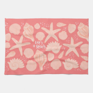 Life's A Beach Pink Seashells on Pink Kitchen Towel