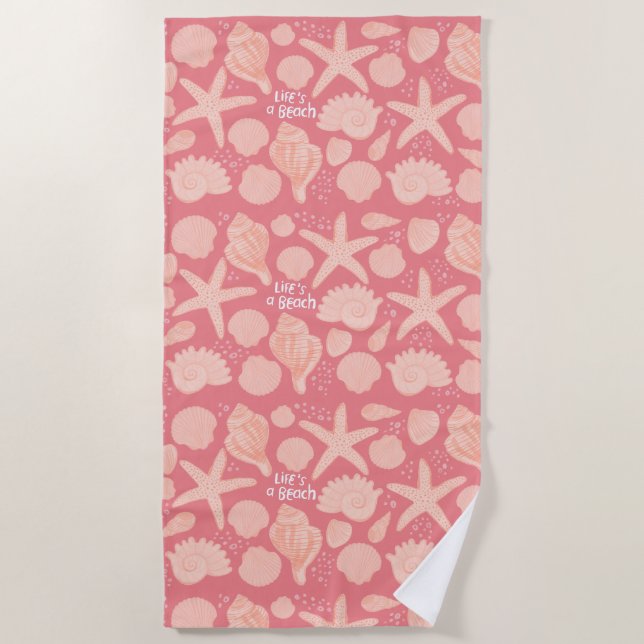 LIFE'S A BEACH Pink Seashells Sea Beach Towel (Front)