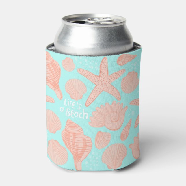 LIFE'S A BEACH seashells pink blue pattern Can Cooler (Can Front)