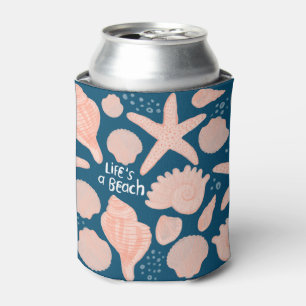 LIFE'S A BEACH seashells pink pattern Can Cooler
