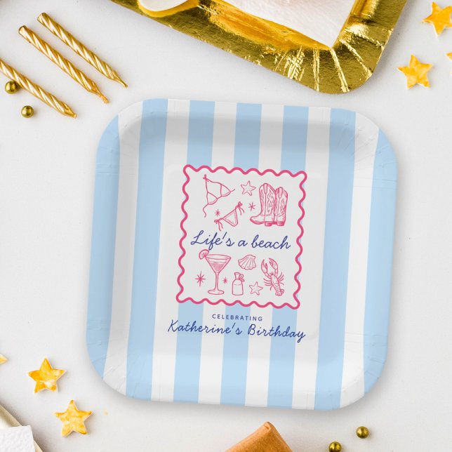 Life's a Beach Summer Blue Stripes Birthday Party  Paper Plate (Creator Uploaded)