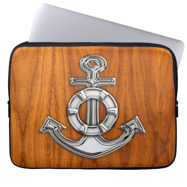 Lifesaver Chrome Anchor on Teak Veneer Styles Laptop Sleeve (Front)